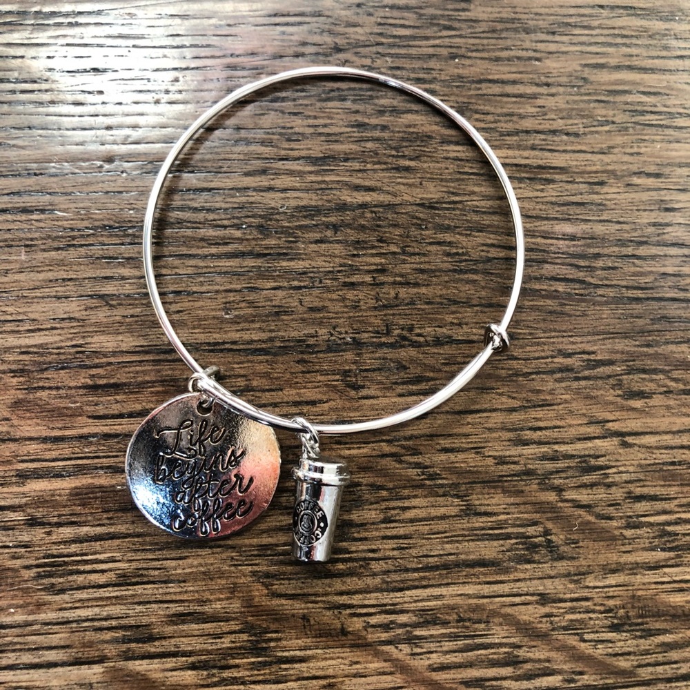 Silver bracelet with coffee themed charms
